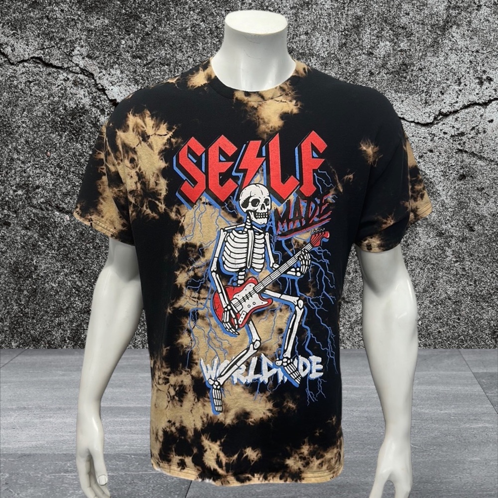Popular Poison Self Made Worldwide Black Brown Tie Dye Rockin Skeleton T-Shirt